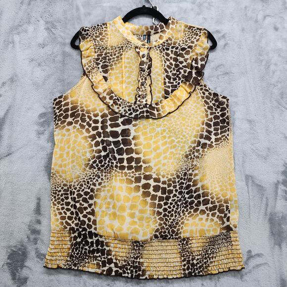 Maurices Top Womens XL Brown Yellow Animal Print Sleeveless Ruffled Chiffon - Picture 1 of 9